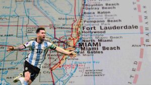 Soccer player wearing a light-blue and white striped jersey with number 10, leaping in front of a map showing Miami and surrounding areas of Florida.