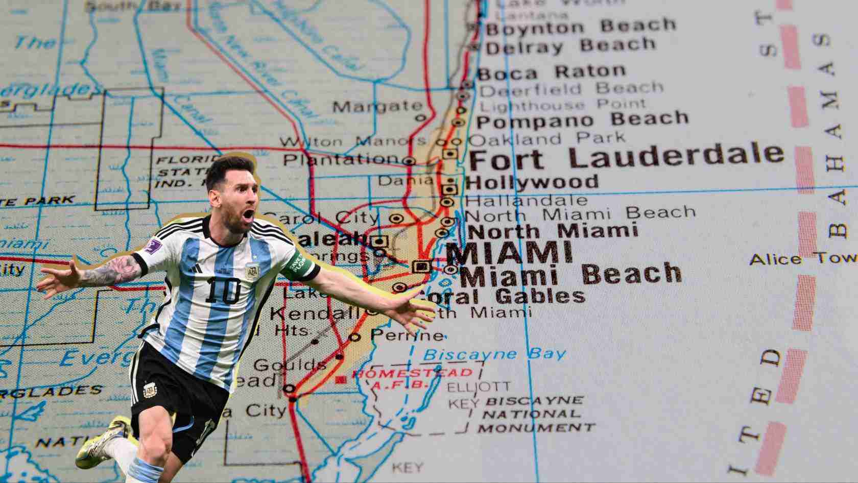 Soccer player wearing a light-blue and white striped jersey with number 10, leaping in front of a map showing Miami and surrounding areas of Florida.