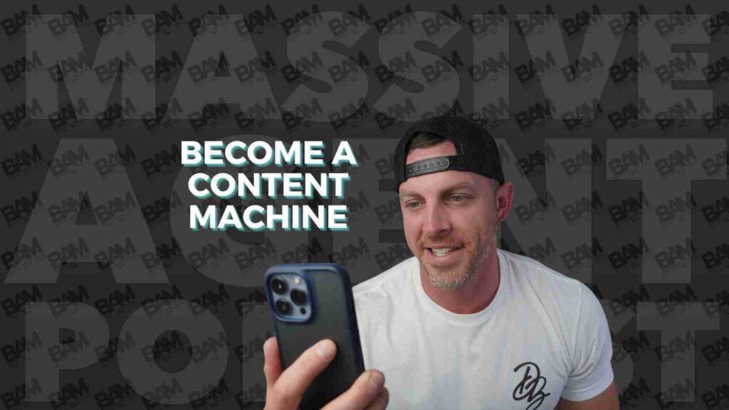 Promotional banner featuring a man looking at his phone with bold text: 'BECOME A CONTENT MACHINE'.