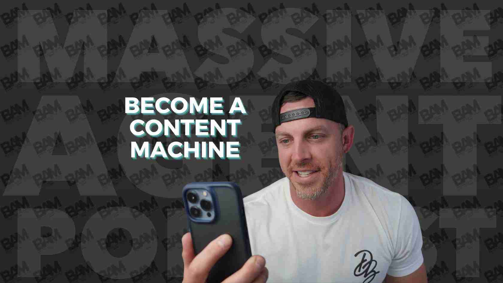 Promotional banner featuring a man looking at his phone with bold text: 'BECOME A CONTENT MACHINE'.