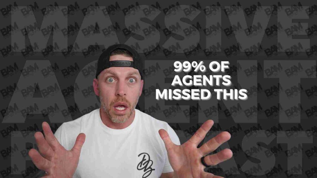 Surprised man wearing a backward cap and white shirt raises hands; bold text says '99% OF AGENTS MISSED THIS' (video thumbnail)