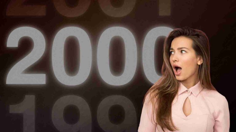 A surprised woman in a pale pink blouse looking to the right, with large pale numbers in a dark background behind her