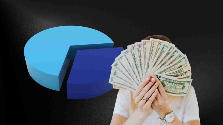 Hands holding a fan of US dollar bills in front of a large blue pie chart and a dark bar chart background.