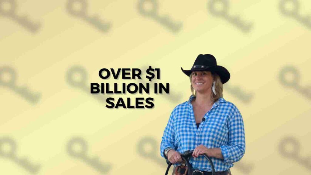Promo image with the headline 'Over $1 Billion in Sales' beside a smiling woman in a blue plaid shirt and black cowboy hat.