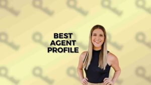 Portrait of a smiling woman with hands on hips beside the text 'BEST AGENT PROFILE' on a yellow background, suggesting a agent profile feature.