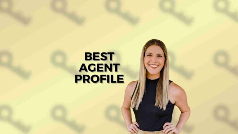 Portrait of a smiling woman with hands on hips beside the text 'BEST AGENT PROFILE' on a yellow background, suggesting a agent profile feature.