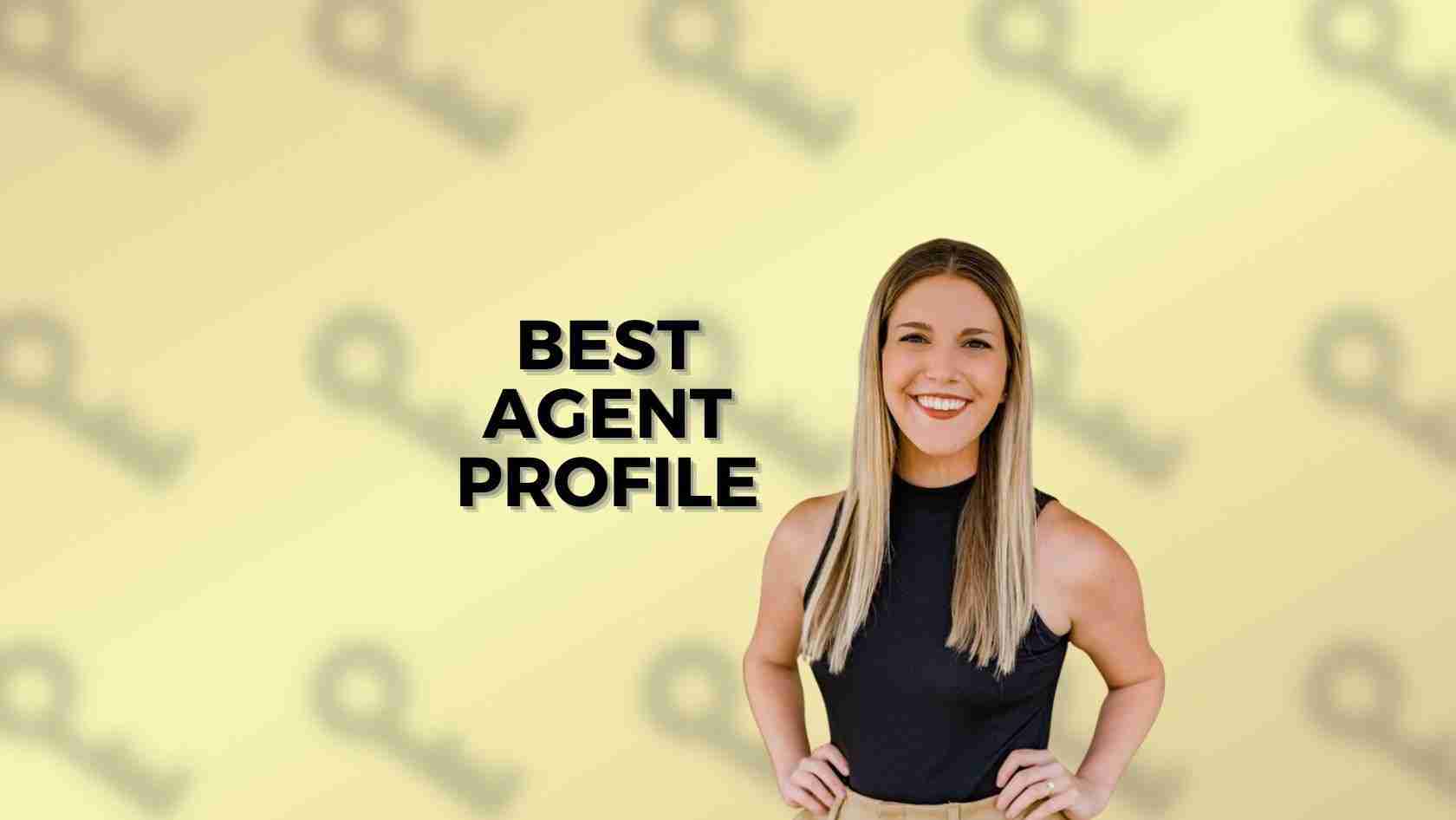 Portrait of a smiling woman with hands on hips beside the text 'BEST AGENT PROFILE' on a yellow background, suggesting a agent profile feature.