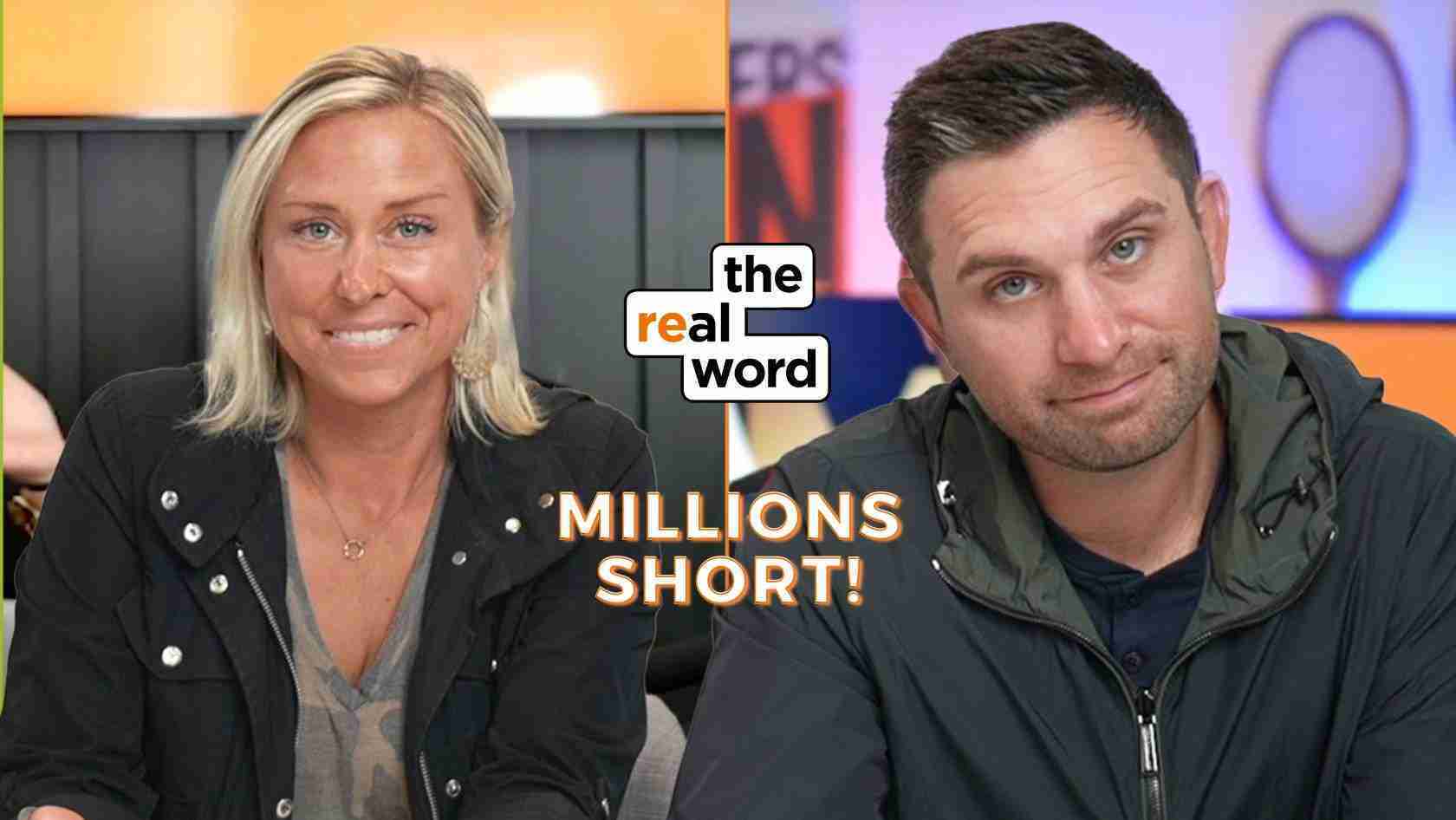 Two smiling hosts sit side by side with the 'the real word' logo between them and a 'MILLIONS SHORT!' caption.