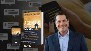 Professional man in a suit beside a real estate book titled 'The Agent's Edge' with a mobile device showing the same cover, suggesting author/mentor in sales.