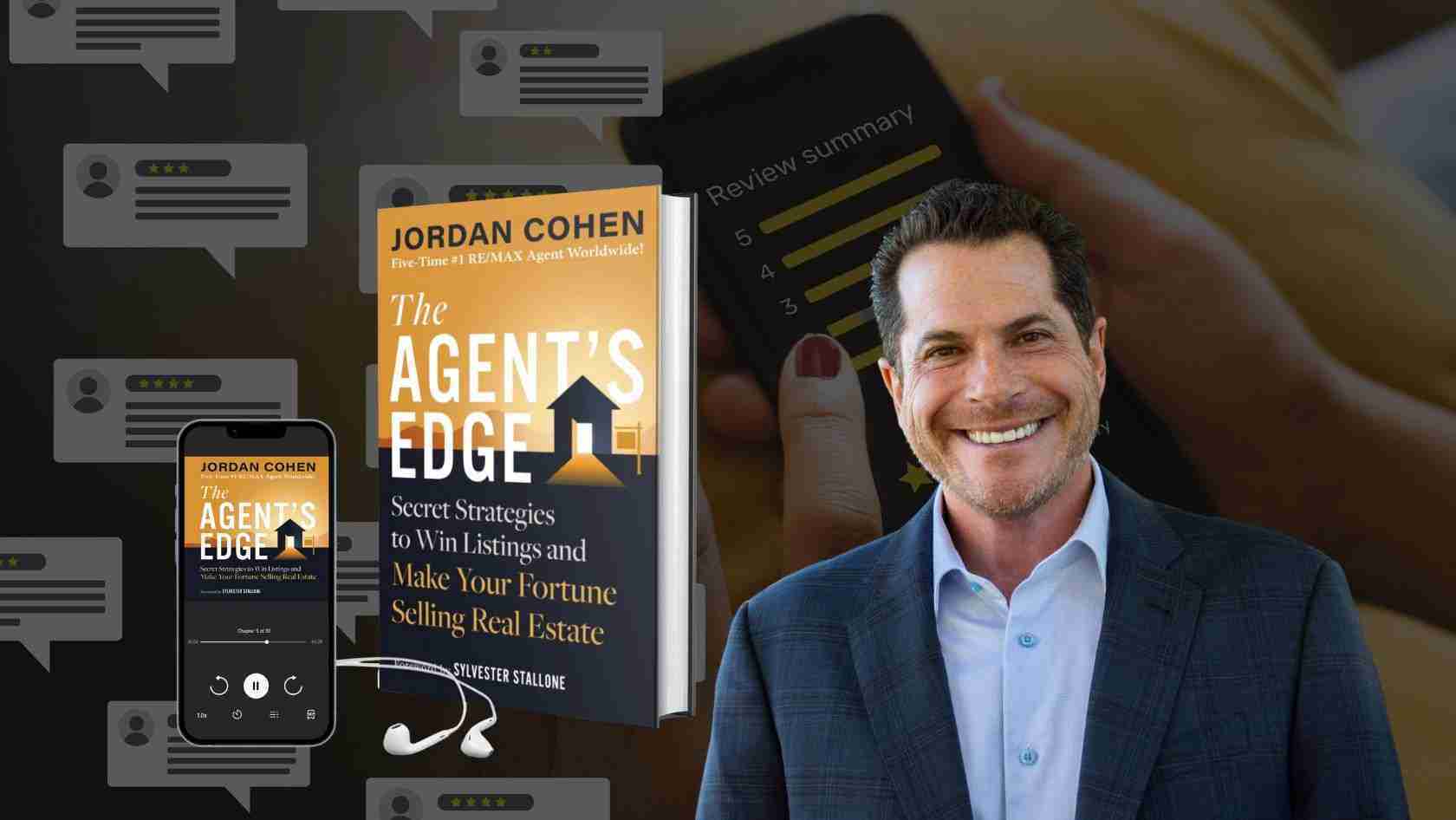 Professional man in a suit beside a real estate book titled 'The Agent's Edge' with a mobile device showing the same cover, suggesting author/mentor in sales.