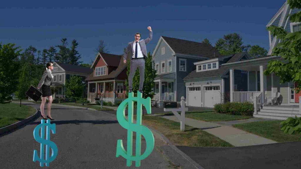 Two professionals balance on oversized dollar signs in a residential street, symbolizing wealth and real estate success.