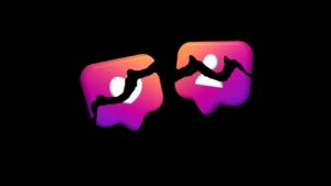 Two gradient Instagram-like icons connected by black climber silhouettes against a black background, conveying teamwork or challenge on social media.