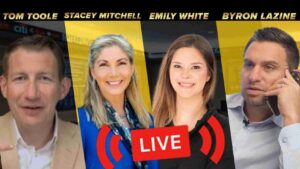 Banner for a live show with four hosts in angled panels and a bold red LIVE badge.