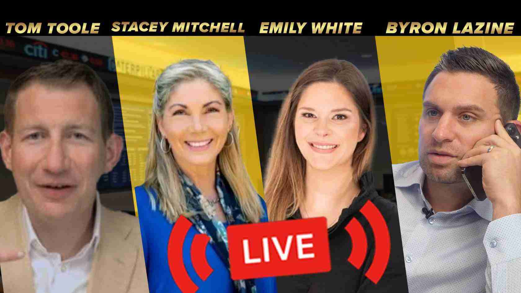 Banner for a live show with four hosts in angled panels and a bold red LIVE badge.