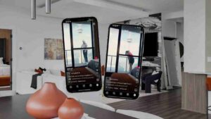 Two large smartphones float in a modern living room, showing Instagram Reels with a city view from a balcony, while onions sit on the foreground table.