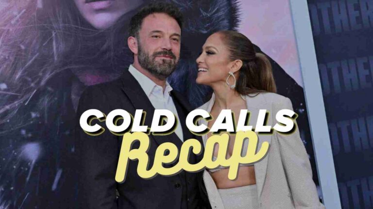 Man in a suit and a woman in a light blazer smile for a photo on a red carpet, with 'COLD CALLS Recap' text overlay.
