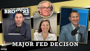 Collage of three podcast hosts with a circular Powell portrait above and the bold title 'MAJOR FED DECISON' at the bottom left corner showing 'Knowledge Brokers Podcast' logo.
