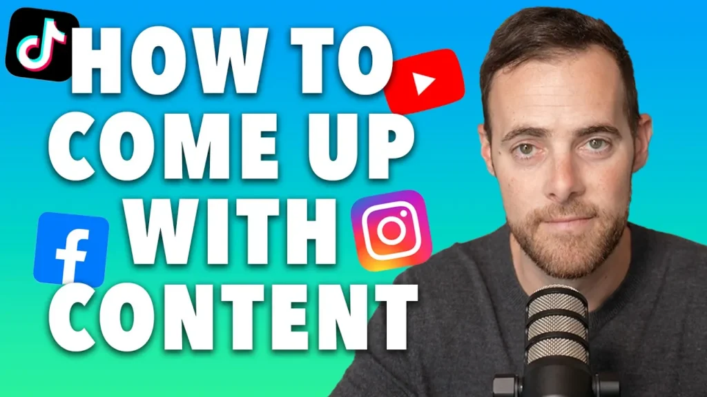 Video thumbnail: presenter at a mic with bold text 'HOW TO COME UP WITH CONTENT' and social icons (TikTok, YouTube, Facebook, Instagram).
