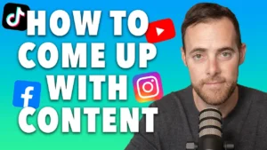 Video thumbnail: presenter at a mic with bold text 'HOW TO COME UP WITH CONTENT' and social icons (TikTok, YouTube, Facebook, Instagram).