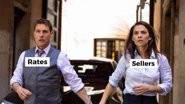 Two professionals running in an alley; man labeled 'Rates', woman labeled 'Sellers'.