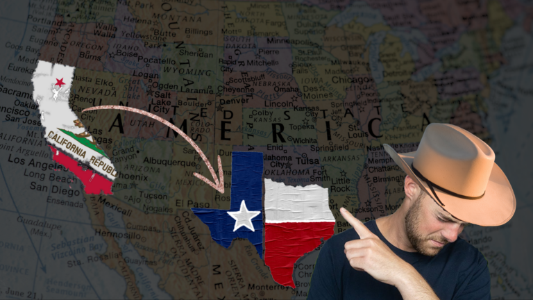 Map of the United States overlaid with state shapes and flags (Alaska, California, Texas) and a man in a cowboy hat pointing to the right, with a decorative arc across the center.