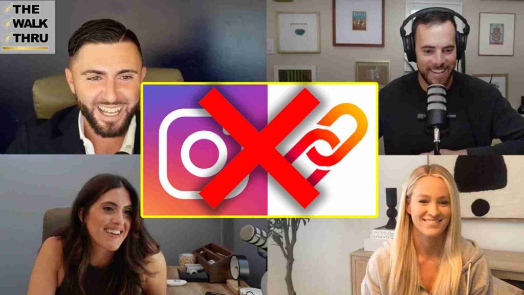 Four hosts in a video call with a large red X over the Instagram logo in the center; 'The Walk Thru' logo visible top-left.