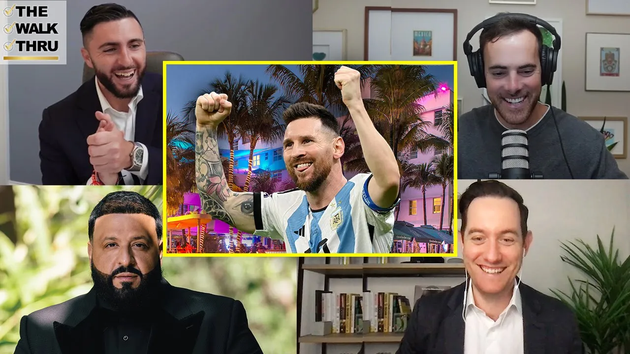 Group podcast thumbnail with four hosts around a central image of Lionel Messi celebrating on a tropical night street.