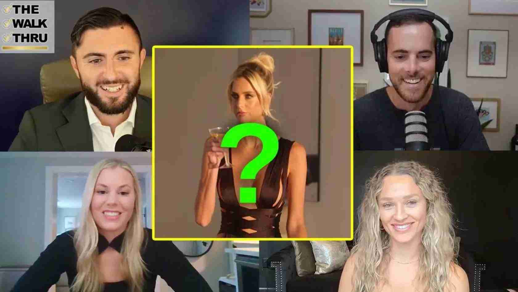 Five-person video call; center frame shows a blonde woman with a drink and a green question mark, signaling a mystery guest