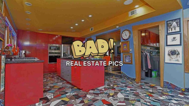 Colorful kitchen with red cabinets, yellow ceiling, and mosaic floor; bold 'BAD!' caption over 'REAL ESTATE PICS' text.