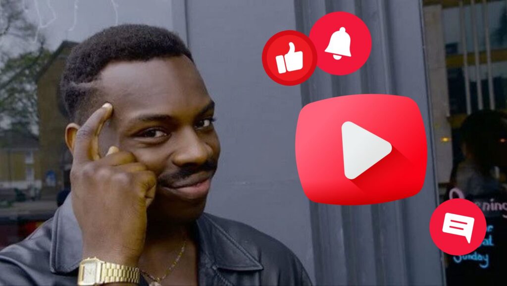 Portrait of a man smiling and tapping his temple, with red social icons (like, bell, chat) and a large YouTube play button overlay nearby.