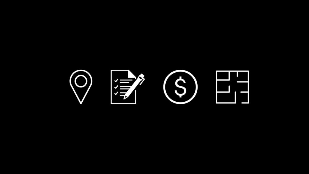 Row of four white icons on a black background: a map pin, a checklist with a pen, a dollar sign in a circle, and a floor plan