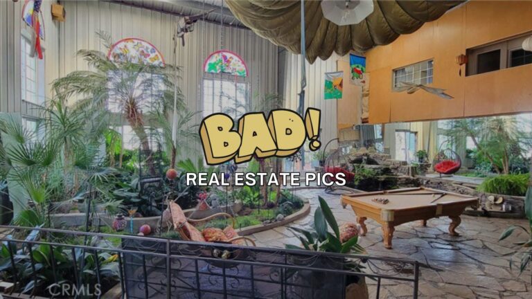 Indoor tropical courtyard with lush plants and a billiards table, overlaid with the caption 'BAD! REAL ESTATE PICS'