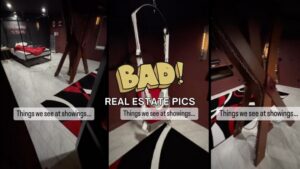 Three-panel collage of a dim real-estate showing with a bed and wooden posts; center panel reads 'BAD! REAL ESTATE PICS'.