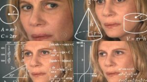 Meme-style collage of a woman looking confused with overlaid algebra and geometry equations and diagrams.