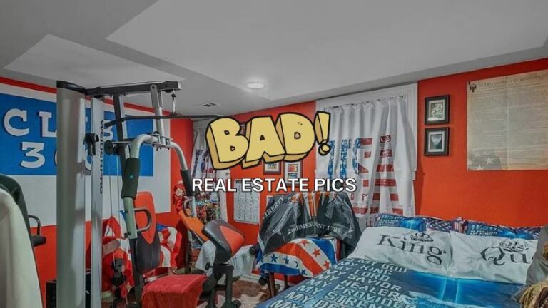 Humorous meme-style photo of a cluttered basement home gym with workout machines and a bed, overlaid with 'BAD! REAL ESTATE PICS' text.