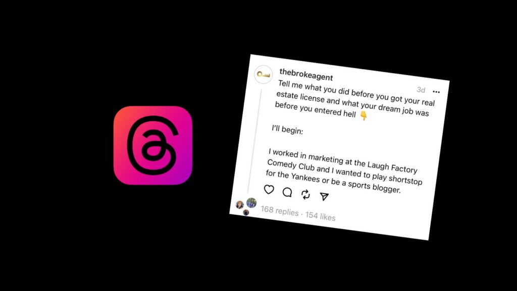 Black background with a pink–orange Instagram app icon on the left and a tilted white Instagram post on the right.