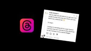Black background with a pink–orange Instagram app icon on the left and a tilted white Instagram post on the right.