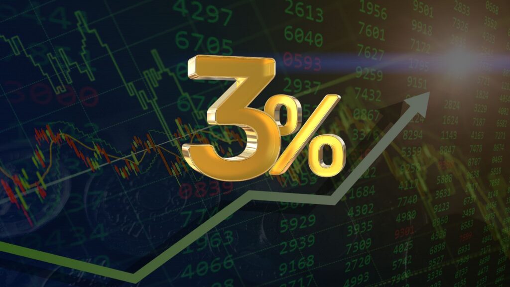 Large golden '3%' symbol over a stock chart with rising lines and green numeric data, signaling financial growth.