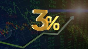 Large golden '3%' symbol over a stock chart with rising lines and green numeric data, signaling financial growth.