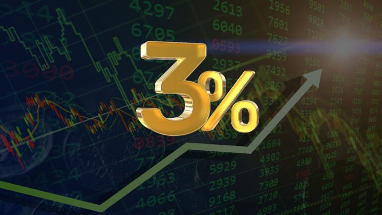 Large golden '3%' symbol over a stock chart with rising lines and green numeric data, signaling financial growth.