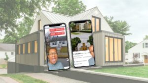 Two smartphones float in front of a modern house, displaying property photos and listing prices on the screens.