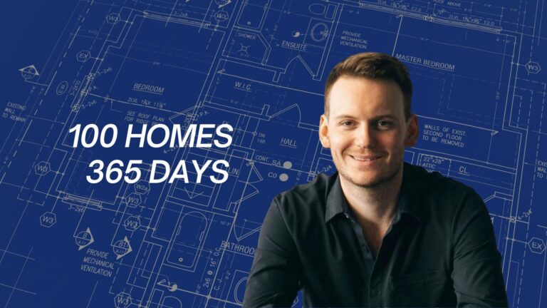 Smiling man in a dark shirt sits against a blue architectural blueprint backdrop with the text '100 HOMES 365 DAYS'.