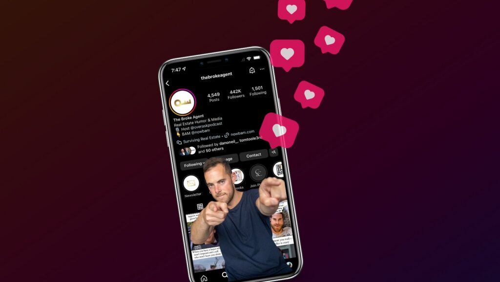 Tilted smartphone on a dark gradient background showing an Instagram profile with follower counts and posts; pink like icons float nearby