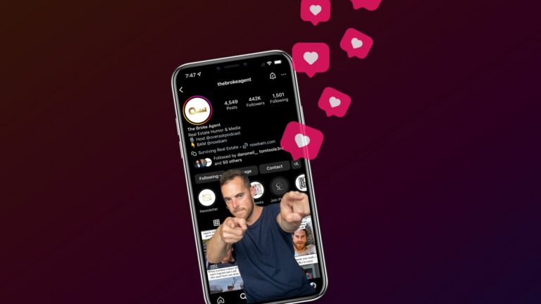 Tilted smartphone on a dark gradient background showing an Instagram profile with follower counts and posts; pink like icons float nearby