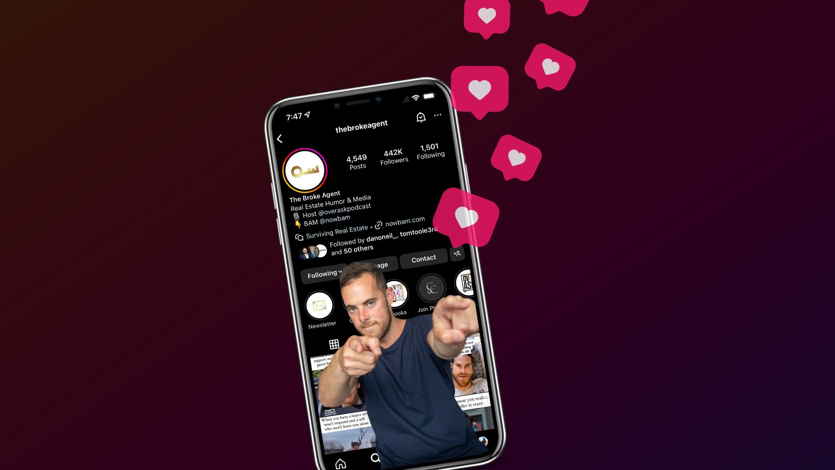 Tilted smartphone on a dark gradient background showing an Instagram profile with follower counts and posts; pink like icons float nearby
