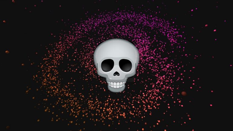 Skull emoji at center surrounded by pink and orange confetti-like particles on a black background, creating a celebratory daredevil vibe.