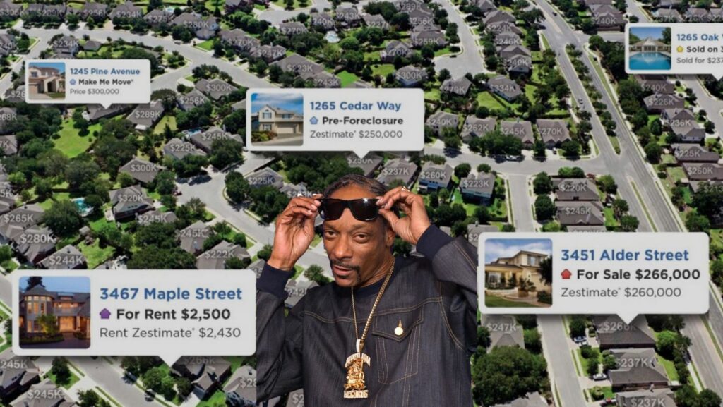 Aerial map of a suburban neighborhood with floating property cards showing addresses and prices, and a man in the foreground adjusting sunglasses.