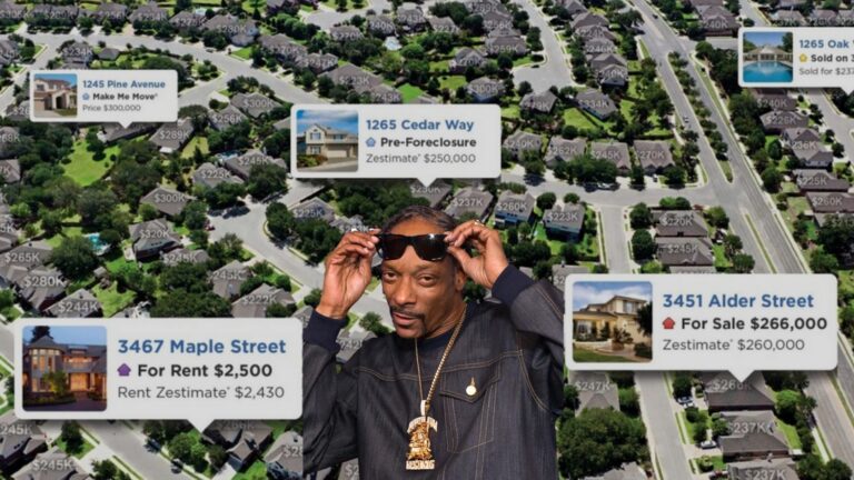 Aerial map of a suburban neighborhood with floating property cards showing addresses and prices, and a man in the foreground adjusting sunglasses.