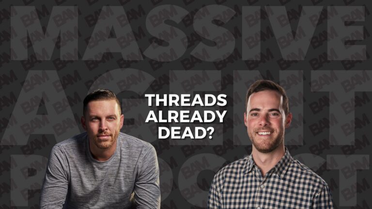 Podcast cover art with two men on opposite sides and the title 'THREADS ALREADY DEAD?' in the center on a dark patterned background