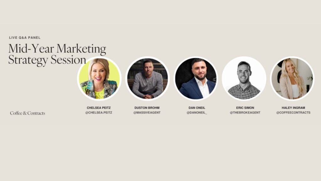 Live Q&A panel banner for a Mid-Year Marketing Strategy Session with five speaker headshots in circular frames and handles beneath each image.